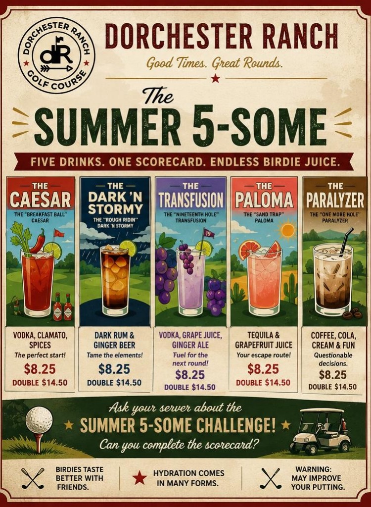 The Summer 5-Some cocktail lineup at Dorchester Ranch